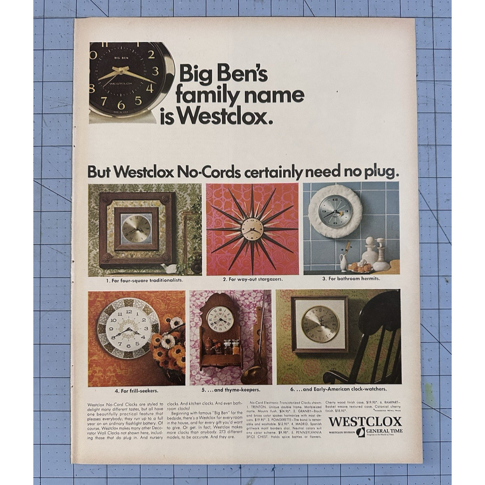 1967 Vintage Print Ad Westclox Battery Powered Clock Advertisement